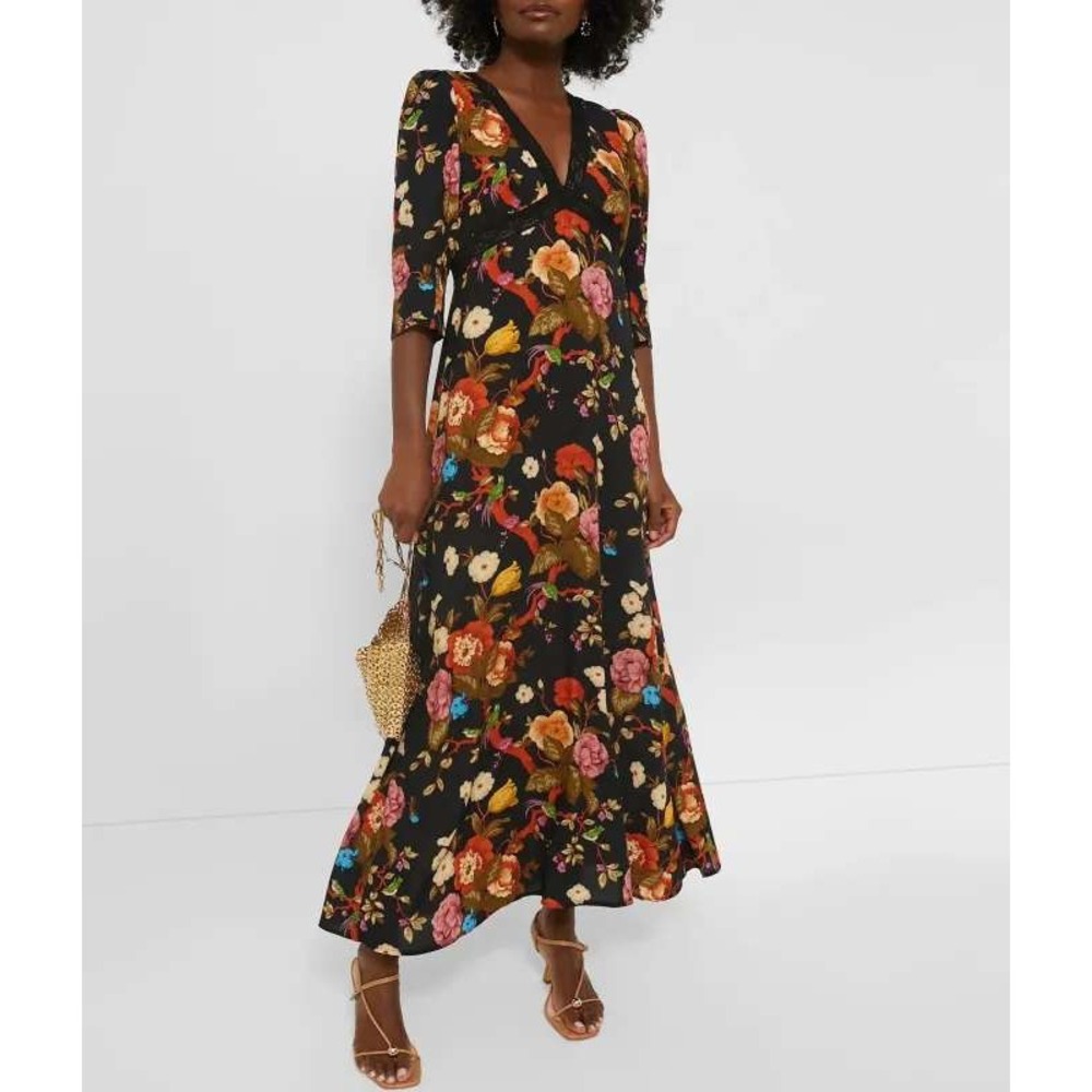 Tuckernuck‎ Baroque Floral Irina Maxi Dress Black Bird Lace Trim V-Neck Sz  XS